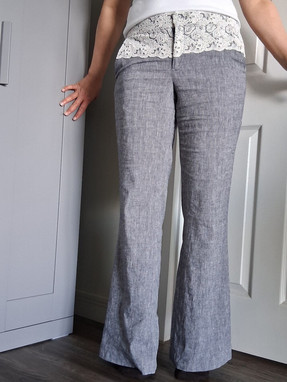 Anthropologie Elevenses Brighton Pant Blue Chambray Linen Crochet Bootcut 30/10